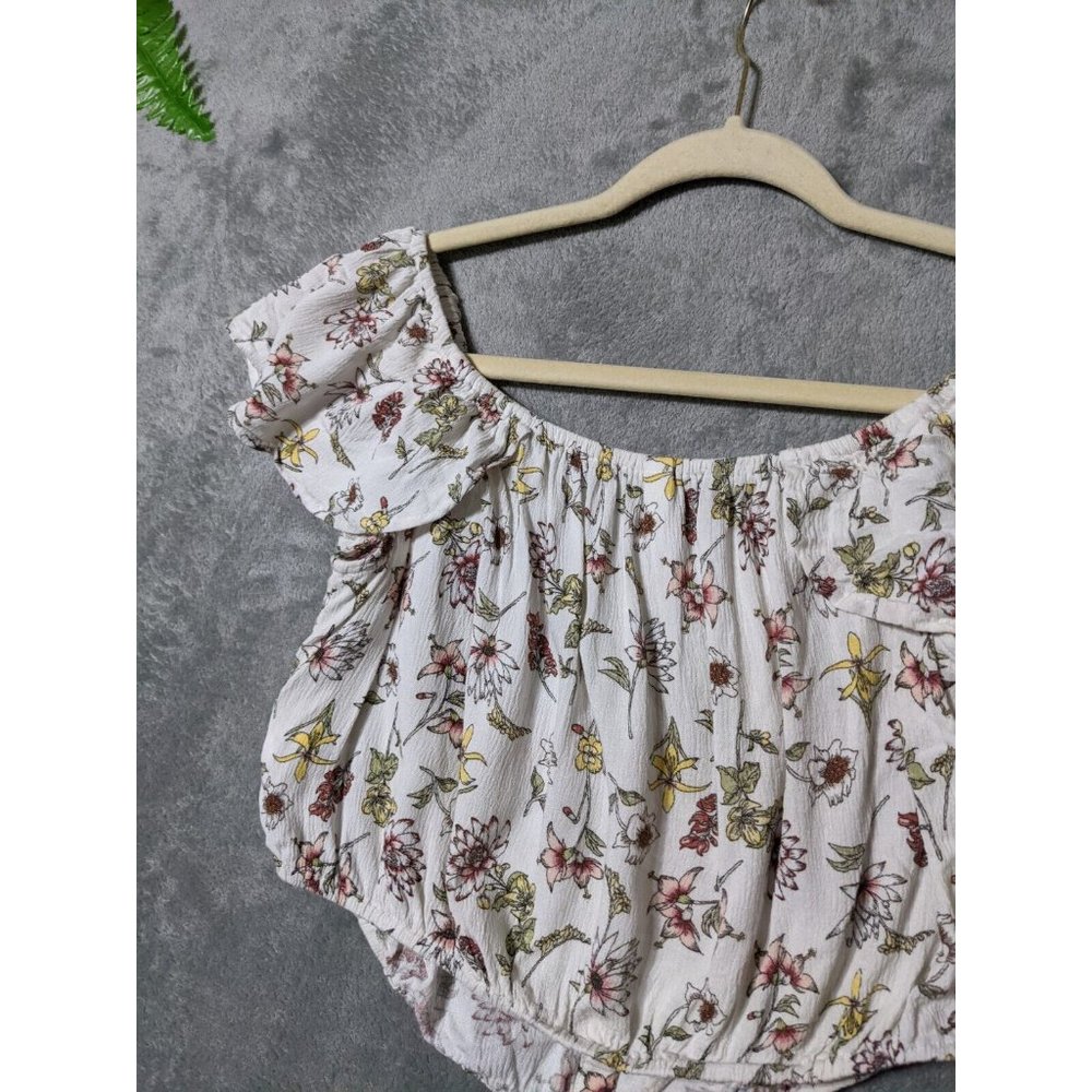 🍑XHILARATION Women 100% Rayon Knit Top Cropped Floral Multicolor MEDIUM (8-10) - Picture 8 of 11